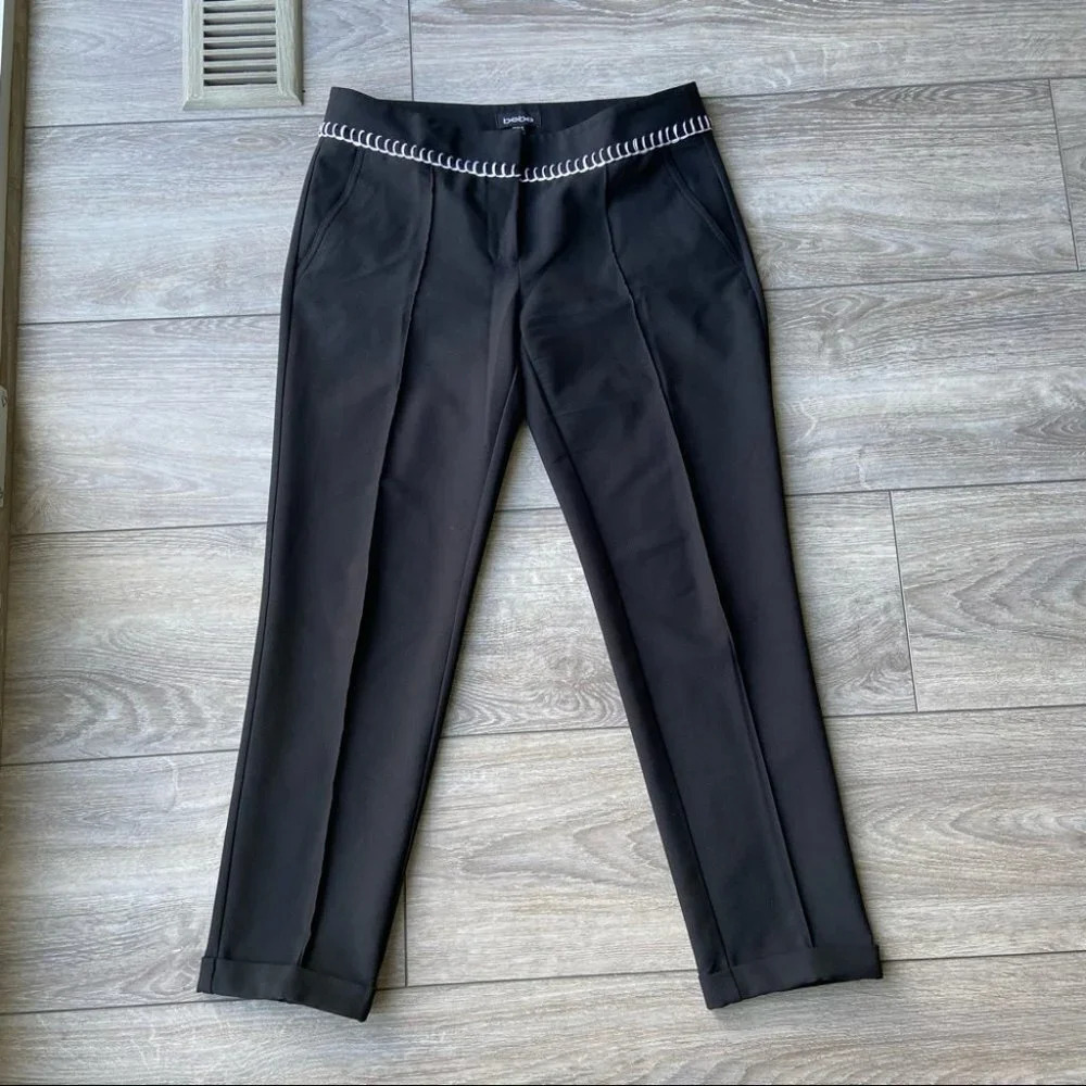 Bebe Waist Stitching Cuffed Hem Cropped Trouser Pants